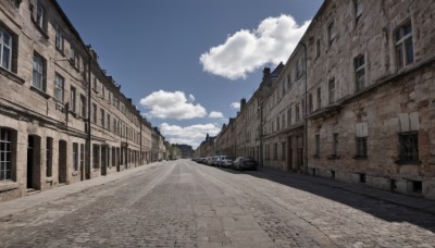 outdoors,sky,day,cloud,tree,blue sky,no humans,window,cloudy sky,ground vehicle,building,scenery,motor vehicle,city,car,road,house,street,pavement