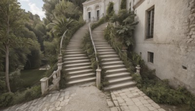 outdoors,sky,day,cloud,tree,blue sky,no humans,window,grass,plant,building,scenery,stairs,door,road,bush,house,stone stairs,cloudy sky,nature,forest,wall,path