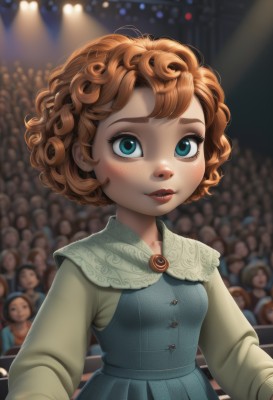 1girl,looking at viewer,blush,smile,short hair,blue eyes,brown hair,long sleeves,dress,jewelry,upper body,small breasts,parted lips,solo focus,orange hair,blurry,aqua eyes,lips,makeup,blurry background,blue dress,brooch,child,freckles,curly hair,red lips,female child,crowd,solo,breasts,multiple girls,red hair,eyelashes,green dress,stage