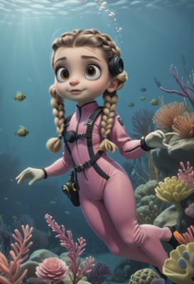 1girl,solo,long hair,smile,blonde hair,brown hair,gloves,twintails,brown eyes,braid,twin braids,bodysuit,freckles,fish,bubble,underwater,air bubble,swimming,pink bodysuit,freediving,coral,wetsuit,looking at viewer,flower,water,sunlight,thick eyebrows,light rays,rock