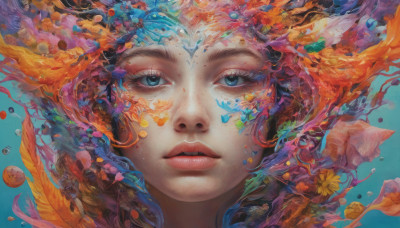 1girl, solo, looking at viewer, blue eyes, flower, multicolored hair, parted lips, lips, eyelashes, portrait, freckles, fish, nose, colorful, abstract