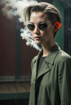 solo,looking at viewer,short hair,brown hair,shirt,black hair,1boy,jacket,upper body,male focus,blurry,lips,black shirt,blurry background,sunglasses,smoke,cigarette,realistic,nose,smoking,1girl,closed mouth,open clothes,coat,freckles,green jacket,very short hair,aviator sunglasses