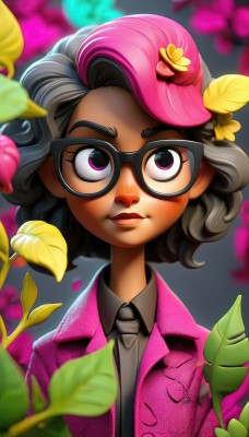 1girl,solo,looking at viewer,smile,short hair,shirt,black hair,hat,closed mouth,purple eyes,jacket,upper body,flower,grey hair,multicolored hair,necktie,glasses,collared shirt,artist name,dark skin,pink eyes,blurry,two-tone hair,dark-skinned female,lips,makeup,leaf,beret,formal,suit,black necktie,black-framed eyewear,nose,pink headwear,pink jacket,hair ornament,pink hair,hair flower,leaf on head