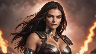 1girl,solo,long hair,breasts,looking at viewer,large breasts,brown hair,black hair,cleavage,bare shoulders,brown eyes,medium breasts,upper body,parted lips,artist name,signature,armor,lips,watermark,fire,shoulder armor,web address,pauldrons,realistic,nose,bikini armor,jewelry,necklace,forehead