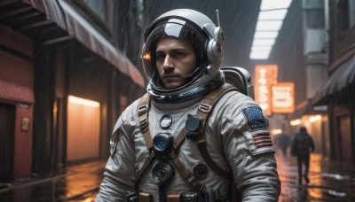 looking at viewer,1boy,closed mouth,upper body,male focus,outdoors,multiple boys,solo focus,blurry,night,depth of field,blurry background,backpack,helmet,building,science fiction,rain,realistic,street,american flag,spacesuit,japanese flag,united states,astronaut,1girl,brown eyes,bag,lips,1other,sign,road,ambiguous gender,space helmet