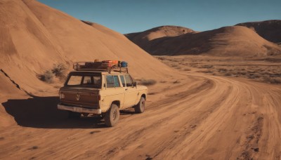 outdoors,sky,day,tree,blue sky,no humans,shadow,ground vehicle,scenery,motor vehicle,mountain,sand,car,road,vehicle focus,desert,truck,solo,1boy,driving,dust,sports car