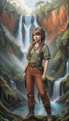 1girl,solo,long hair,looking at viewer,bangs,brown hair,shirt,brown eyes,jewelry,standing,full body,weapon,braid,short sleeves,boots,outdoors,belt,pants,water,necklace,twin braids,bracelet,tree,lips,brown footwear,bug,plant,nature,hair over shoulder,grey shirt,cross-laced footwear,forest,freckles,rock,lace-up boots,brown pants,river,waterfall,cliff,leather boots,breasts,red hair,multicolored hair,hairband,suspenders,overalls