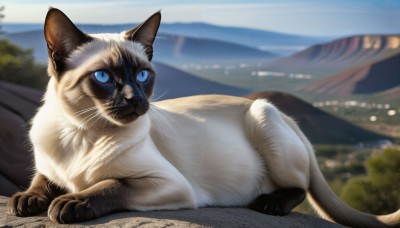 HQ,solo,blue eyes,closed mouth,full body,outdoors,lying,sky,day,blurry,blue sky,no humans,depth of field,blurry background,animal,cat,on stomach,mountain,realistic,animal focus,whiskers,looking at viewer,signature,tree,slit pupils