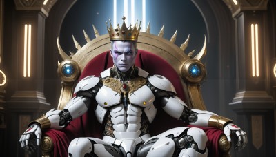 HQ,solo,looking at viewer,blue eyes,1boy,jewelry,sitting,closed mouth,male focus,armor,glowing,colored skin,facial mark,crown,robot,gem,science fiction,android,joints,grey skin,cyborg,robot joints,throne,indoors,muscular,abs