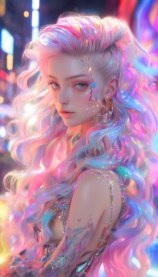 1girl,solo,long hair,breasts,looking at viewer,blue eyes,blonde hair,dress,bare shoulders,jewelry,closed mouth,blue hair,upper body,pink hair,multicolored hair,earrings,small breasts,blurry,from side,two-tone hair,lips,grey eyes,makeup,blurry background,wavy hair,gem,crystal,white hair,artist name,necklace,eyelashes,gradient hair,depth of field,watermark,freckles,backless outfit,nose