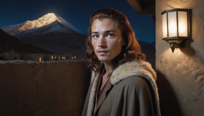 solo,long hair,looking at viewer,blue eyes,brown hair,1boy,upper body,male focus,outdoors,sky,lips,fur trim,night,facial hair,star (sky),night sky,starry sky,freckles,lantern,realistic,house,1girl,building,mountain