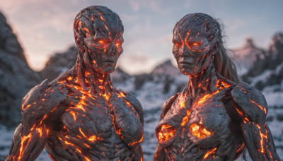 long hair, upper body, male focus, outdoors, multiple boys, 2boys, blurry, blurry background, glowing, glowing eyes, science fiction, mountain, alien