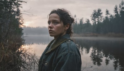 1girl,solo,long hair,blue eyes,black hair,1boy,closed mouth,jacket,upper body,male focus,outdoors,water,blurry,from side,tree,lips,denim,nature,forest,reflection,realistic,river,lake,denim jacket,looking at viewer,short hair,sky,cloud,expressionless,cloudy sky,blue jacket,scenery,looking afar,leather,leather jacket,grey sky