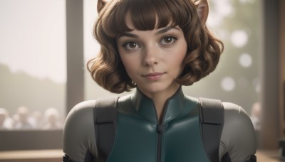 1girl,solo,looking at viewer,smile,short hair,bangs,brown hair,animal ears,brown eyes,closed mouth,upper body,pointy ears,artist name,indoors,cat ears,blurry,lips,window,bodysuit,depth of field,blurry background,zipper,freckles,realistic,nose,signature,eyelashes,makeup,bob cut,light smile,portrait,backlighting