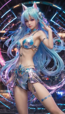 1girl,solo,long hair,breasts,looking at viewer,smile,bangs,blue eyes,hair ornament,navel,animal ears,cleavage,jewelry,medium breasts,very long hair,blue hair,standing,swimsuit,bikini,earrings,parted lips,shorts,choker,midriff,cat ears,necklace,blurry,bracelet,lips,short shorts,fake animal ears,bikini top only,blue bikini,armlet,realistic,bare shoulders,braid,artist name,hand up,collar,blurry background,watermark