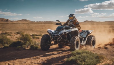 1girl,solo,gloves,1boy,jacket,male focus,outdoors,sky,day,cloud,uniform,blue sky,gun,military,helmet,grass,goggles,ground vehicle,scenery,motor vehicle,brown jacket,mountain,road,vehicle focus,motorcycle,goggles on headwear,desert,dust,motorcycle helmet,cloudy sky,1other,science fiction,realistic,field,leather jacket,ambiguous gender,driving