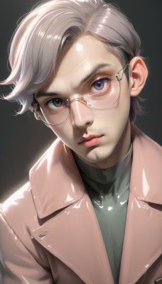 solo,looking at viewer,short hair,bangs,blue eyes,simple background,shirt,1boy,closed mouth,purple eyes,jacket,upper body,grey hair,male focus,glasses,shiny,lips,coat,grey eyes,eyelashes,turtleneck,facial hair,black background,portrait,brown jacket,realistic,nose,round eyewear,green shirt,stubble,rimless eyewear,brown coat,1girl,artist name,thick eyebrows