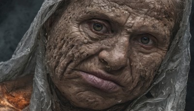 solo,looking at viewer,1boy,closed mouth,green eyes,male focus,teeth,lips,portrait,close-up,realistic,old,wrinkled skin,brown eyes,black eyes,scar