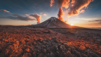 outdoors, sky, cloud, dutch angle, no humans, cloudy sky, fire, scenery, sunset, mountain, sun, landscape