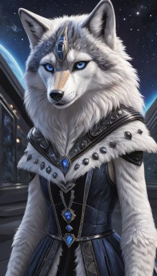 1girl,solo,breasts,looking at viewer,blue eyes,dress,animal ears,jewelry,closed mouth,standing,upper body,small breasts,outdoors,sky,artist name,signature,necklace,fur trim,night,blue dress,animal,wolf ears,brooch,gem,star (sky),night sky,furry,starry sky,colored sclera,fur collar,furry female,space,body fur,white fur,forehead jewel,planet,fur,animal nose,wolf,blue gemstone,moon