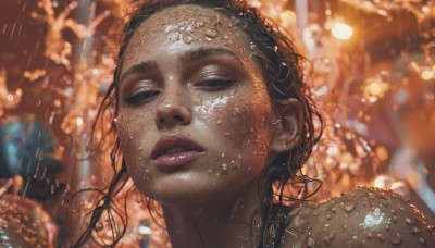 1girl,solo,long hair,black hair,closed eyes,parted lips,teeth,dark skin,water,blurry,black eyes,dark-skinned female,lips,wet,makeup,depth of field,blurry background,portrait,freckles,rain,water drop,realistic,nose,wet hair,very dark skin,looking at viewer,brown hair,jewelry,eyelashes,close-up