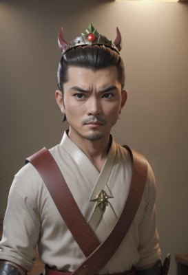 solo,looking at viewer,short hair,black hair,hair ornament,1boy,brown eyes,closed mouth,white shirt,upper body,weapon,male focus,horns,sword,indoors,black eyes,lips,sash,facial hair,beard,brown background,realistic,mustache,topknot,hair bun,single hair bun,crown,serious