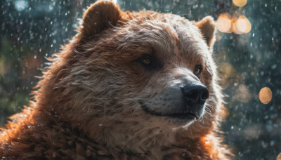 solo, brown eyes, closed mouth, outdoors, signature, blurry, no humans, blurry background, animal, snowing, realistic, animal focus, whiskers, lion