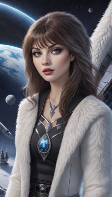 1girl,solo,long hair,breasts,looking at viewer,brown hair,brown eyes,jewelry,upper body,parted lips,wings,sky,signature,necklace,lips,coat,grey eyes,makeup,moon,lipstick,gem,star (sky),feathered wings,pendant,starry sky,freckles,realistic,white wings,red lips,space,planet,earth (planet),spacecraft,dress,jacket,open clothes,belt,artist name,black dress,watermark,web address,nose,white coat