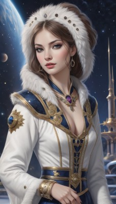 1girl,solo,long hair,breasts,looking at viewer,brown hair,long sleeves,dress,cleavage,brown eyes,jewelry,medium breasts,upper body,earrings,parted lips,sky,hood,necklace,bracelet,lips,coat,grey eyes,fur trim,makeup,night,blue dress,moon,ring,gem,star (sky),starry sky,gold trim,realistic,nose,white coat,red lips,space,fur-trimmed sleeves,planet,earth (planet),bangs,artist name,nail polish,fingernails,lipstick,hood up