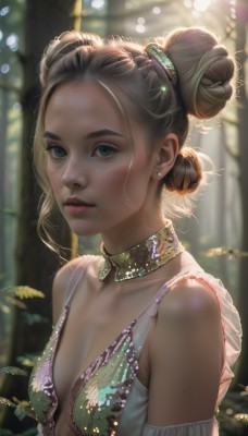 1girl,solo,breasts,looking at viewer,short hair,blue eyes,blonde hair,brown hair,hair ornament,cleavage,bare shoulders,jewelry,medium breasts,green eyes,collarbone,upper body,earrings,small breasts,outdoors,parted lips,detached sleeves,choker,artist name,signature,necklace,hair bun,mole,blurry,lips,eyelashes,double bun,depth of field,blurry background,sunlight,single hair bun,nature,forehead,forest,freckles,realistic,nose,bangs,dress,detached collar,gem,backlighting