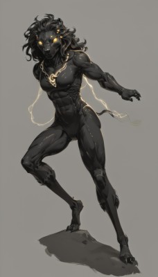 1girl,solo,long hair,looking at viewer,simple background,black hair,1boy,animal ears,standing,collarbone,tail,full body,yellow eyes,male focus,nude,horns,teeth,grey background,muscular,glowing,colored skin,fangs,abs,black nails,glowing eyes,claws,personification,electricity,grey skin,black skin,body markings,breasts,navel,medium breasts,thighs,completely nude,standing on one leg,monster girl,furry,colored sclera,rock,fighting stance,furry female,muscular female,snout,black fur,digitigrade