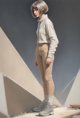 1girl,solo,looking at viewer,short hair,bangs,brown hair,shirt,long sleeves,brown eyes,closed mouth,standing,jacket,full body,white shirt,grey hair,shoes,socks,belt,pants,blunt bangs,lips,white footwear,bob cut,white jacket,white socks,sneakers,buckle,zipper,nose,arms at sides,brown pants,high-waist pants,small breasts,from side,turtleneck,realistic