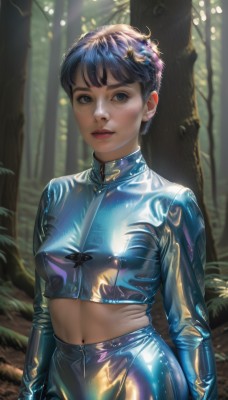 1girl,solo,breasts,looking at viewer,short hair,bangs,blue eyes,black hair,gloves,long sleeves,navel,closed mouth,blue hair,standing,cowboy shot,small breasts,outdoors,day,black gloves,midriff,shiny,pants,blurry,tree,lips,crop top,bodysuit,makeup,blurry background,sunlight,nature,skin tight,forest,shiny clothes,realistic,leather,dappled sunlight,latex,latex bodysuit,hair ornament,zipper,very short hair