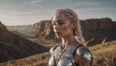 1girl,solo,long hair,blue eyes,blonde hair,upper body,braid,outdoors,parted lips,sky,day,armor,blurry,lips,looking to the side,grey eyes,blurry background,looking away,breastplate,mountain,realistic,nose,looking afar,cloud,crown braid