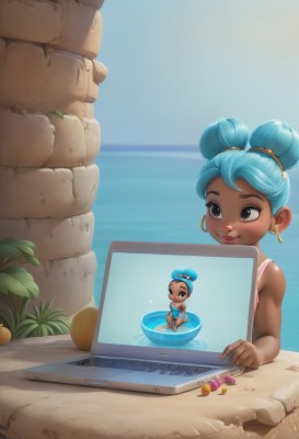 1girl,solo,smile,short hair,brown eyes,jewelry,sitting,blue hair,swimsuit,earrings,outdoors,food,sky,day,dark skin,water,hair bun,chibi,black eyes,dark-skinned female,lips,one-piece swimsuit,double bun,fruit,ocean,beach,plant,child,innertube,hoop earrings,sand,computer,laptop,very dark skin,pink one-piece swimsuit,blush,bikini,artist name,aqua hair,watermark,single hair bun,partially submerged,nose,female child,drawing