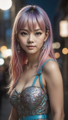 1girl,solo,long hair,breasts,looking at viewer,smile,bangs,blue eyes,dress,cleavage,bare shoulders,brown eyes,jewelry,medium breasts,closed mouth,upper body,pink hair,purple hair,multicolored hair,earrings,parted lips,sleeveless,belt,artist name,blurry,black eyes,two-tone hair,lips,eyelashes,makeup,depth of field,blurry background,buckle,belt buckle,realistic,nose,bokeh,brown hair,underwear,collarbone,bra,gem