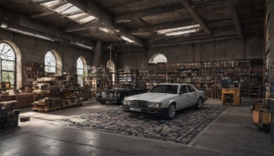 day,indoors,tree,book,no humans,window,chair,table,sunlight,ground vehicle,box,scenery,motor vehicle,stairs,door,bookshelf,car,vehicle focus,shelf,barrel,wheel,crate,bottle,wooden floor,lamp,carpet