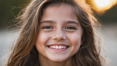 1girl,solo,long hair,looking at viewer,smile,open mouth,brown hair,1boy,brown eyes,male focus,teeth,blurry,black eyes,lips,depth of field,blurry background,messy hair,portrait,forehead,realistic,grin,eyelashes,close-up,nose