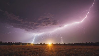 outdoors,sky,cloud,tree,no humans,sunlight,cloudy sky,grass,building,nature,scenery,forest,sunset,mountain,sun,electricity,lightning,landscape,dark,field