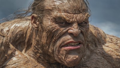 solo,looking at viewer,1boy,male focus,outdoors,sky,teeth,day,blurry,lips,clenched teeth,portrait,realistic,black eyes,blue sky,facial hair,scar,beard,scar on face,close-up,veins,manly