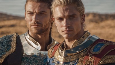 looking at viewer,short hair,blonde hair,brown hair,brown eyes,closed mouth,closed eyes,upper body,male focus,outdoors,multiple boys,day,dark skin,2boys,armor,blurry,blurry background,facial hair,dark-skinned male,shoulder armor,portrait,beard,realistic,stubble,manly,chainmail,black hair,one eye closed,scar