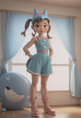 1girl,solo,looking at viewer,blush,smile,brown hair,hat,dress,animal ears,twintails,brown eyes,jewelry,standing,full body,braid,boots,shoes,sleeveless,belt,indoors,black eyes,twin braids,flat chest,bracelet,lips,window,fake animal ears,stuffed toy,short twintails,curtains,child,hands on hips,female child,carrot,animal hat,long hair,shorts,blue dress,sneakers,backlighting,hands in pockets,overalls