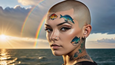 1girl,solo,looking at viewer,1boy,brown eyes,jewelry,closed mouth,male focus,earrings,outdoors,sky,day,cloud,water,blurry,lips,tattoo,makeup,blurry background,ocean,piercing,ear piercing,portrait,fish,sunset,realistic,nose,sun,bald,very short hair,rainbow,neck tattoo,nose piercing,lip piercing,short hair,black hair,dark skin,eyelashes,sunlight,cloudy sky,lens flare,horizon,facial tattoo,sunrise,buzz cut,eyebrow piercing