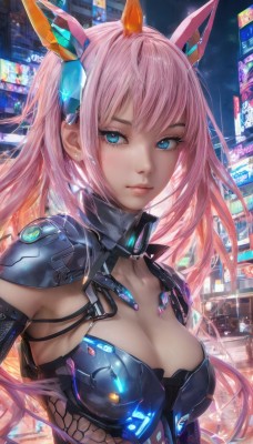 1girl,solo,long hair,breasts,looking at viewer,bangs,blue eyes,animal ears,cleavage,medium breasts,closed mouth,upper body,pink hair,armor,lips,eyelashes,bodysuit,headgear,science fiction,hair ornament,hair between eyes,outdoors,shiny,night,glowing,shoulder armor,building,fishnets,city,city lights,cyberpunk,neon lights,hologram