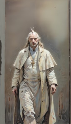 solo,long hair,looking at viewer,blonde hair,shirt,long sleeves,1boy,jewelry,standing,white shirt,male focus,earrings,pants,necklace,vest,coat,feet out of frame,glowing,facial hair,ring,cross,walking,robe,realistic,white pants,mustache,cross necklace,white capelet,old,old man,horror (theme),white robe,priest,wrinkled skin,closed mouth,full body,white hair,boots,parted lips,collared shirt,artist name,lips,scar,brown footwear,feathers,beard,latin cross