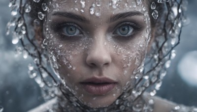 1girl,solo,looking at viewer,blue eyes,black hair,closed mouth,artist name,water,blurry,lips,grey eyes,eyelashes,depth of field,blurry background,portrait,close-up,reflection,bubble,water drop,underwater,realistic,nose,air bubble,straight-on,eye focus,short hair,green eyes,freckles