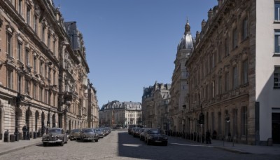 outdoors,sky,day,blue sky,no humans,window,shadow,ground vehicle,building,scenery,motor vehicle,city,car,road,cityscape,vehicle focus,lamppost,street,real world location,cloud,architecture,tower,church