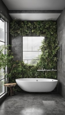 sky,day,cloud,indoors,tree,no humans,window,chair,table,plant,scenery,door,tiles,potted plant,tile floor,bathroom,stool,bathtub,tile wall,toilet,sink,faucet