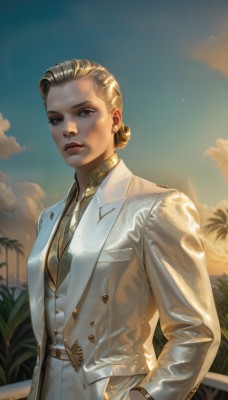 1girl,solo,looking at viewer,short hair,blonde hair,shirt,long sleeves,brown eyes,jewelry,jacket,upper body,outdoors,parted lips,necktie,sky,teeth,day,collared shirt,belt,pants,artist name,cloud,hair bun,vest,tree,blue sky,lips,buttons,formal,white jacket,suit,hand in pocket,realistic,white pants,nose,hands in pockets,white suit,lapels,brown hair,standing,makeup,blurry background,cloudy sky,forehead,gold trim,yellow necktie,white vest