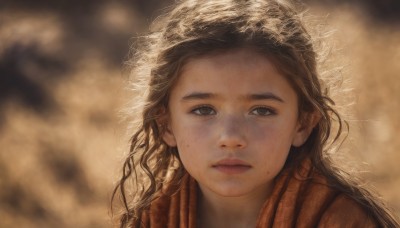 1girl,solo,long hair,looking at viewer,brown hair,brown eyes,closed mouth,mole,blurry,lips,grey eyes,depth of field,blurry background,expressionless,messy hair,portrait,mole under mouth,freckles,realistic,nose,mole on cheek,scarf,close-up,curly hair,brown theme